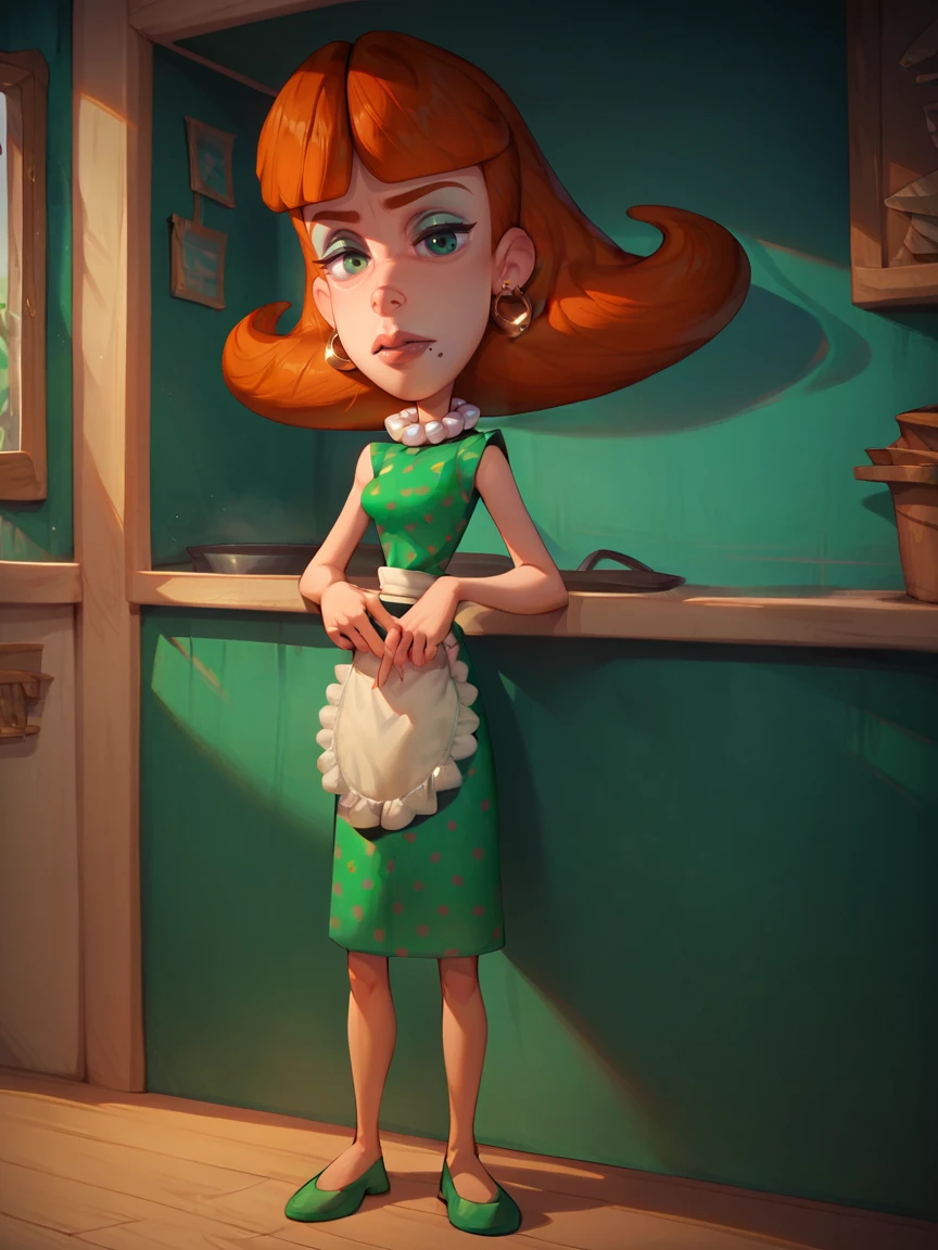 score_9, score_8_up, score_7_up, score_6_up, score_5_up,  <lora:judyneutronXLP:1> judy neutron, 1girl, green eyes, solo, orange hair, mole under mouth, green dress, apron, pearl necklace, full body,