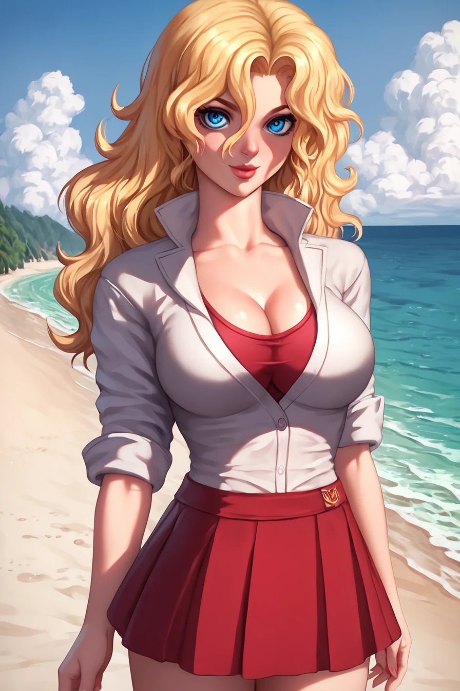 score_9, score_8_up, score_7_up, score_6_up, score_5_up, score_4_up, <lora:Rachel_stanley_castor:1>, rachel stanley, blond hair, blue eyes, long hair, breasts, choker, school uniform, red skirt, 1girl, standing, alone, looking at the viewer, masterpiece, highres, highly detailed face, highly detailed shining eyes, symmetrical highly detailed eyes, entire body, legs, beach, sand, sea