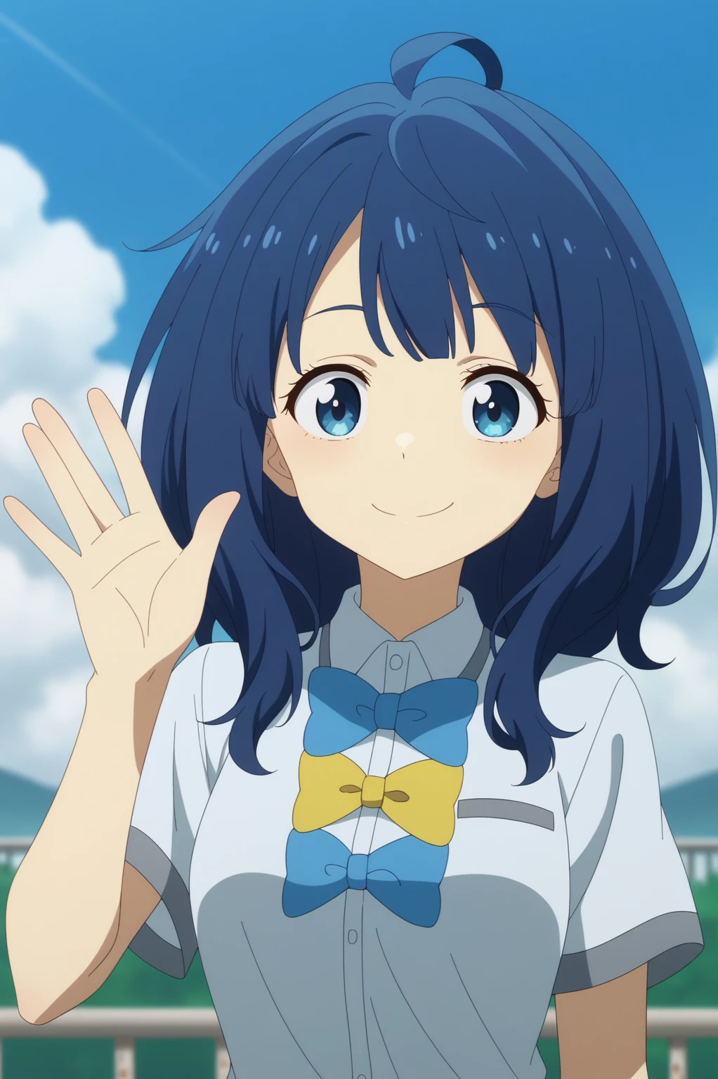 <lora:Anna_Yanami:0.8>, Anna Yanami, 1girl, solo, looking at viewer, smile, shirt, bow, school uniform, white shirt, upper body, sky, collared shirt, day, cloud, bowtie, blue sky, blue bow, yellow bow, blue bowtie, waving, anime coloring,