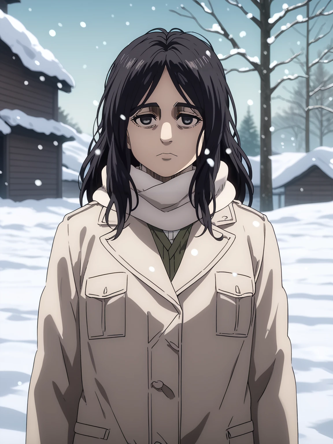 score_9, score_8_up, score_7_up, anime screencap, BREAK
1girl, pieck standing outdoors in the snow during the winter, black hair, long hair, black eyes,
winter clothes, white scarf, coat, expressionless, looking at viewer, outdoors, snow, snowing, solo, tree, winter <lora:Pieck_byKonan:1>