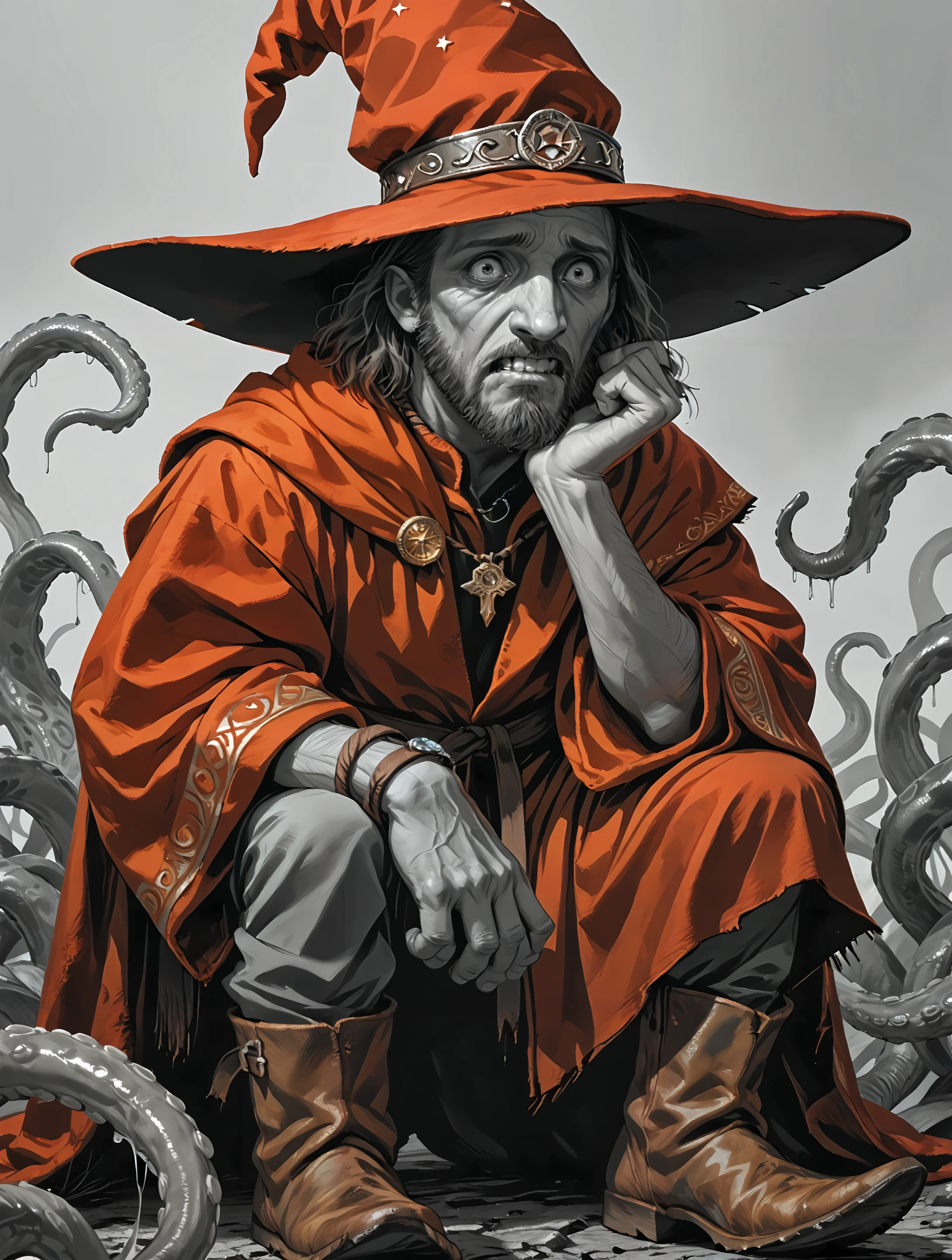 score_9, score_8_up, score_7_up,
<lora:pathfinder_portrait_PD_1_0:0.9>, pathfinder portrait,
<lora:rincewind_000050:0.9>, wizard hat,solo,male focus,beard,rincewind,red robe,boots,monochrome,tentacles,teeth,pointy footwear,brown hair,scared,head rest,necklace