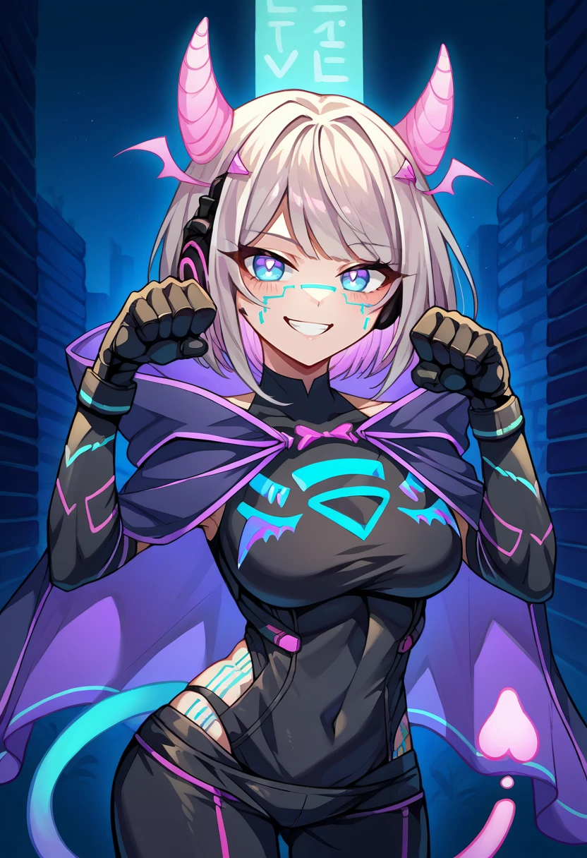 score_9, score_8_up, source_anime, 1girl, solo, MotherV3, short hair, multicolored eyes, pink horns, head wings, facial mark, headphones, black bodysuit, neon trim, hip vent, black elbow gloves, purple cape, tail, smug, outdoors, paw pose, smile, <lora:ChamMotherv3PonyXL:1>