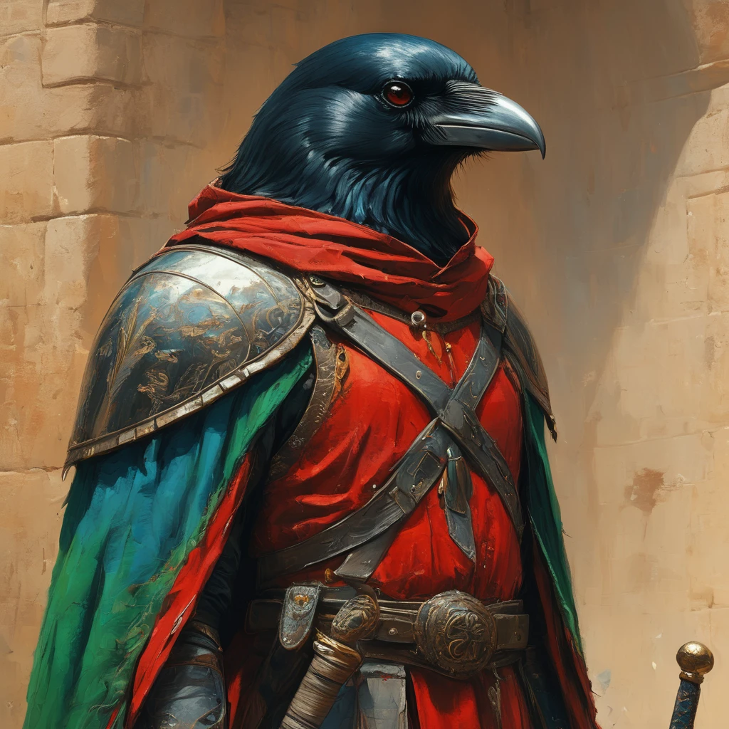 Corvidfolk, warrior, armor, cape, holding a sword, holding weapon, colorful red armor, green and blue cape