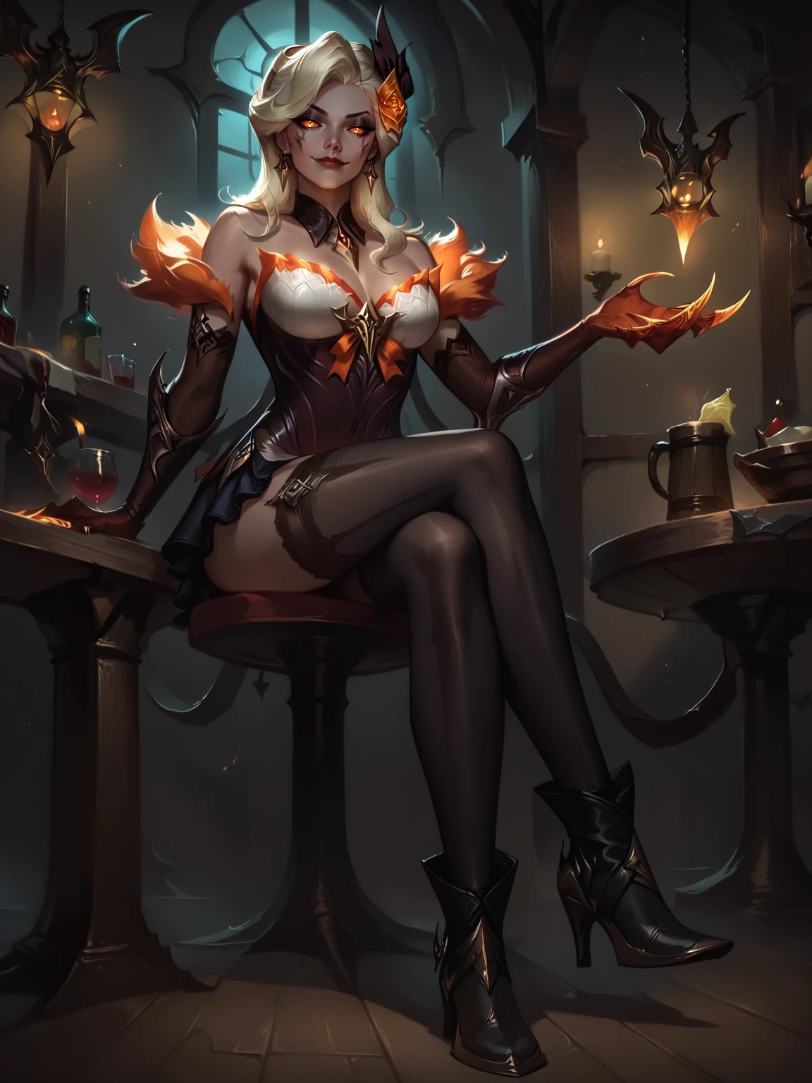 score_9, score_8_up, score_7_up, BREAK, EvelynnHighNoon, 1girl, Solo, blond hair, hair decoration, black makeup, facial marks, necklace, short dress with orange fur, long gloves, mitts, orange claws, black pantyhose, black shoes, two demonic tails, smirk, concept art, realistic, dark theme, low light, sitting in fantasy tavern, flame around, dead bodies around, liking her own claws, crossed legs,  <lora:EvelynnHN:1>  <lora:Concept Art DarkSide Style LoRA_Pony XL v6:1>