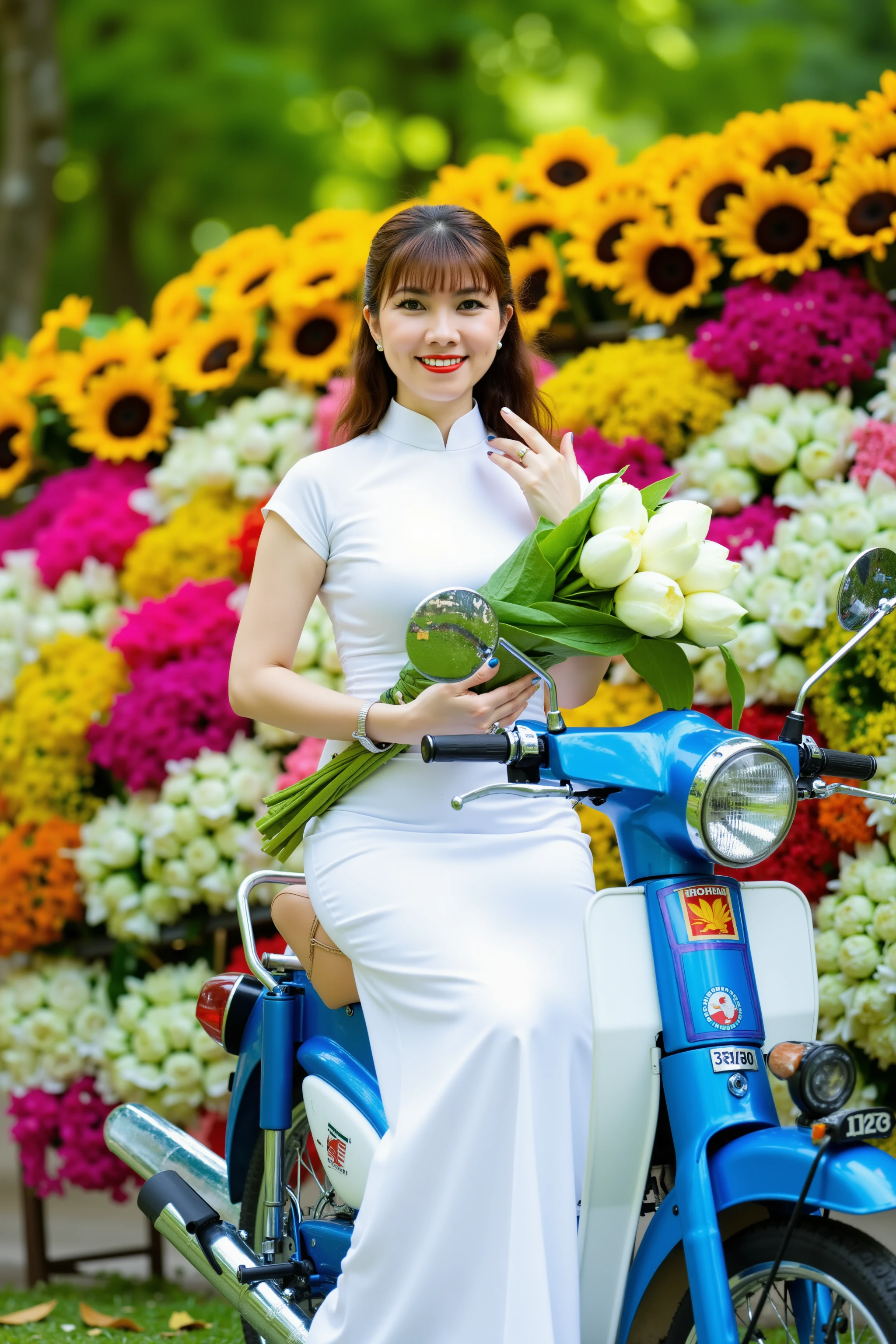 HanoiGirl, aodai, A vibrant outdoor scene featuring a young woman wearing a traditional white aodai, sitting gracefully on a Honda Cub 50 Blue Motorcycle. She holds a bouquet of white lotus flowers, relaxed mood with closed mouth. The background is filled with an array of colorful flowers, creating a lively and joyful atmosphere. The setting is lush and green, with the vivid colors of the flowers adding contrast to the woman's elegant and serene appearance