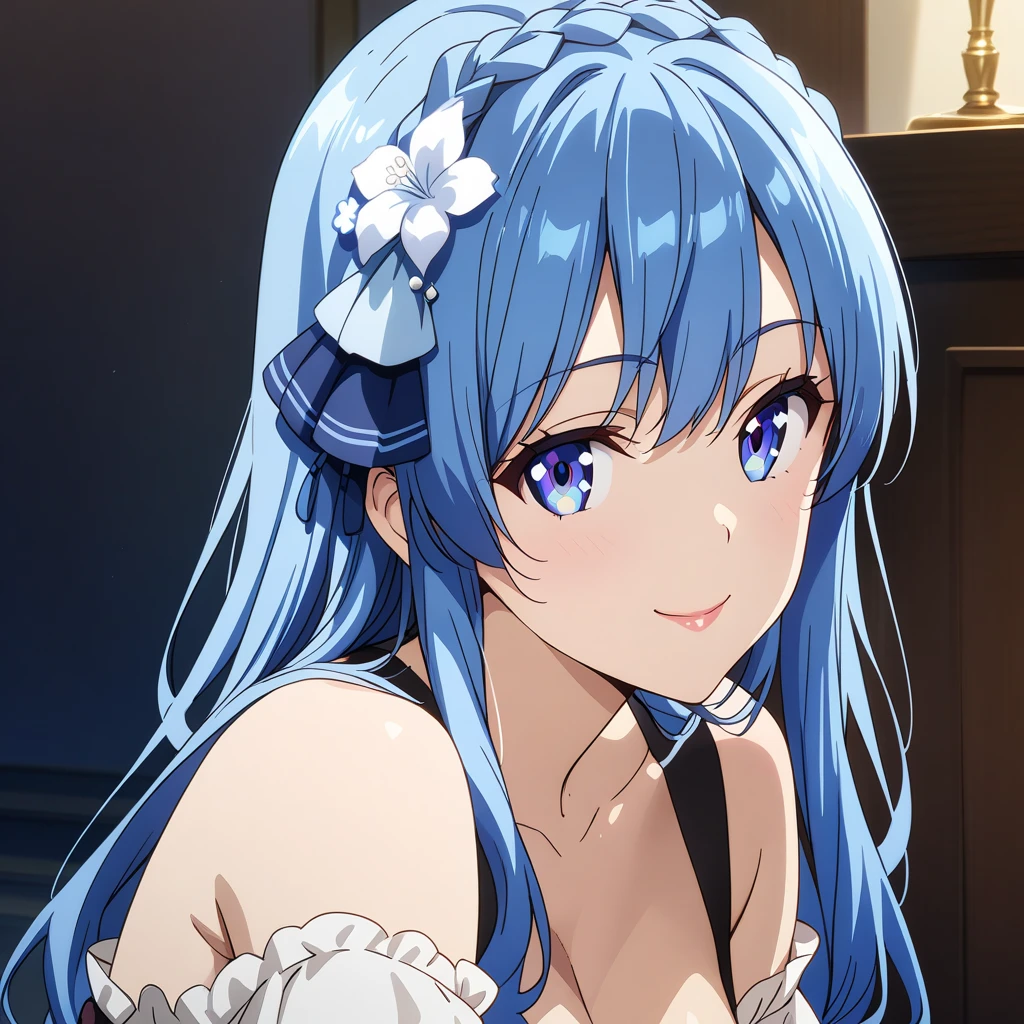 juna_doma, 1girl, blue hair, blue eyes, seductive smile, solo, crown braid, braid, long hair, looking at viewer, hair ornament, portrait, hair flower, flower, closed mouth, bare shoulders, ;) anime coloring,  <lora:XL-JunaDoma:1>, (masterpiece),(best quality),(ultra-detailed),(best illustration),(best shadow),(absurdres),(detailed background),(very aesthetic),