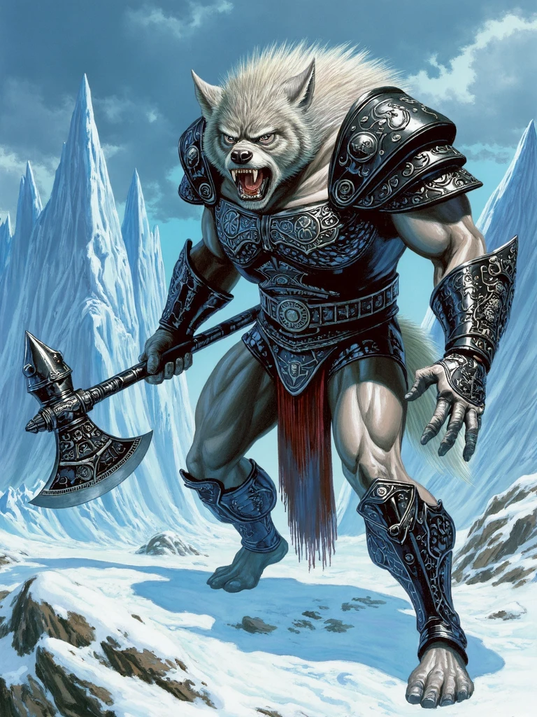 alexross style, vintage comicbook illustration, vivid fantasy-themed artwork featuring a menacing werewolf creature in a snowy icy environment. The creature is adorned in intricately designed armor in shades of black and silver with ornate patterns and symbols and bone-like structure. Shoulder pads with massive horned animal skulls, It wields large icy-looking battle axe and poised in a defensive stance ready for combat. The wolf's fur is a mix of white and gray and its eyes glow with a fierce intensity. The background is a blend of cool blues and whites with jagged ice formations and a cloudy sky suggesting a cold possibly winter setting, <lora:sxz-Alex-Ross-Flux:1>