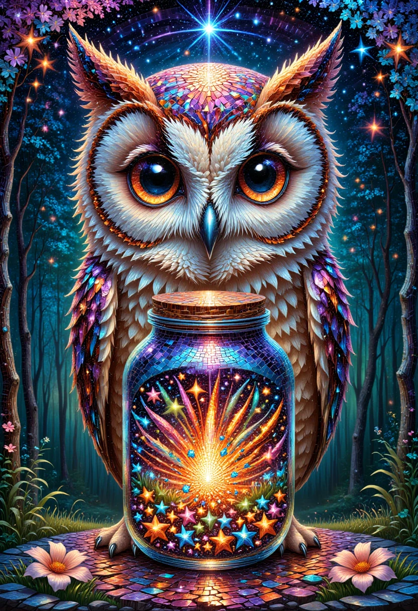 mosaic style, mosaic tiles,a cute fluffy owl, guardian of the stars, jar full of stars

