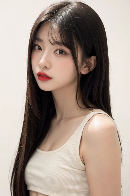 1girl, red lips, portrait, black crop top, upper body, long straight hair, white background <lora:Billlie_-_Haruna:0.6>