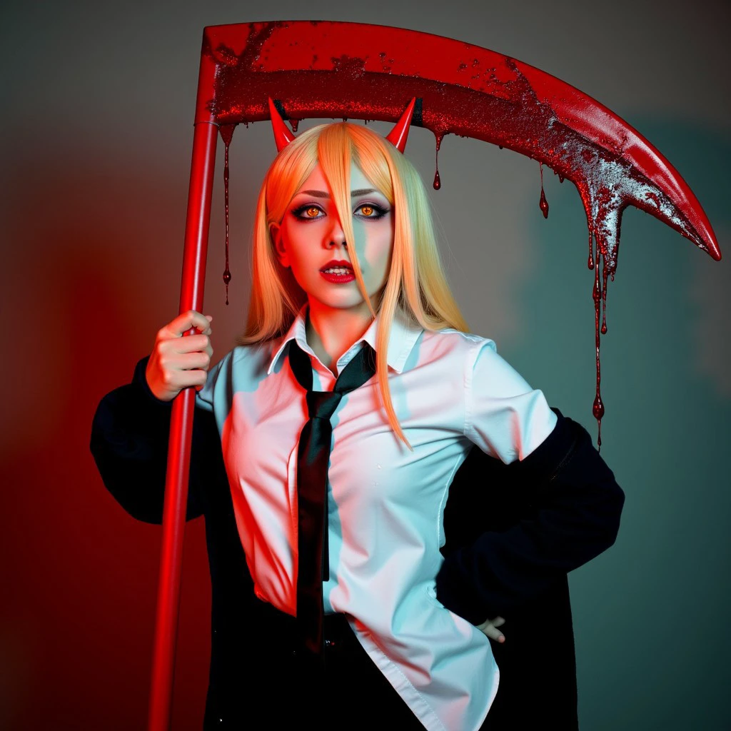 Cinematic shot, realistic photo of Power_csm holding a scythe made of blood in a dramatic action pose. She has cross-shaped pupils and horns and long blonde hair. She's wearing an untucked white shirt, a tie, and a jacket off her shoulder.