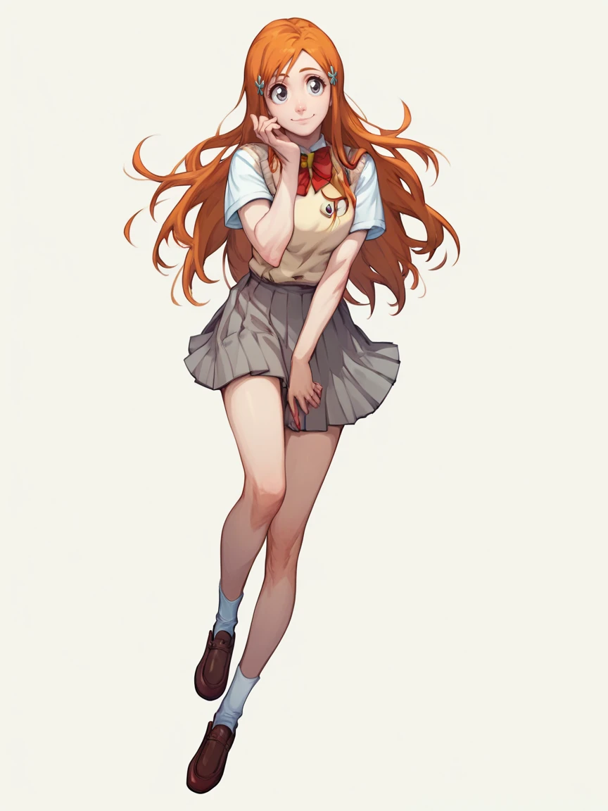 score_9, score_8_up, score_7_up, score_6_up, score_5_up,    <lora:orihimeXLP:1> orihime, 1girl, long hair, solo, orange hair, hair ornament, school uniform, grey eyes, smile, full body,