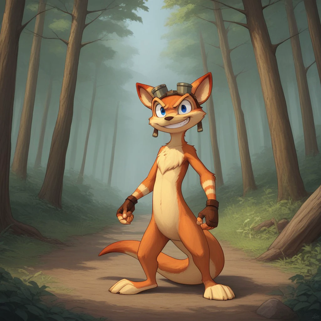 score_8, score_9, break, solo, daxter, goggles, furry, fingerless gloves, tail, standing, smirk, forest