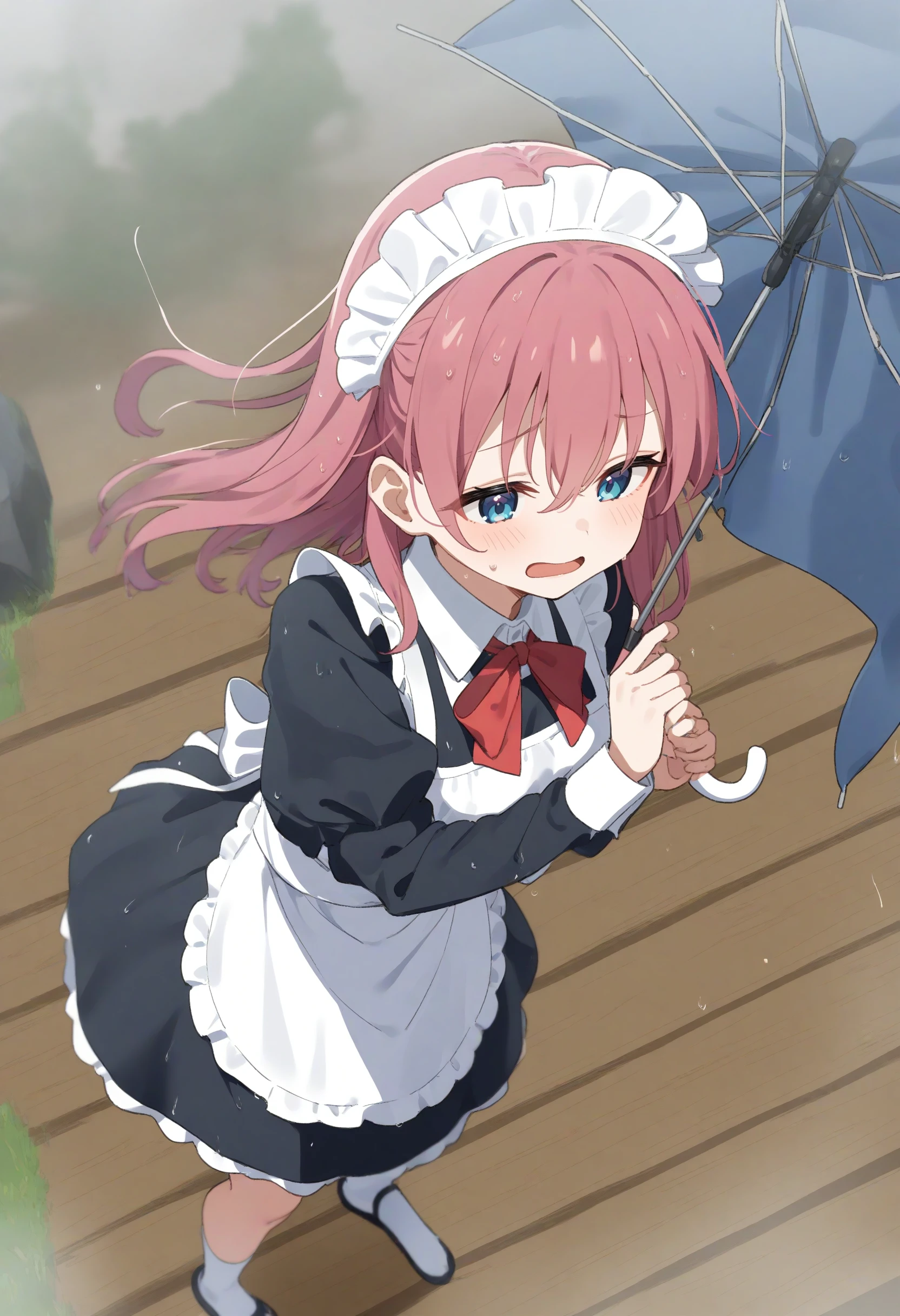 1girl,sincos, ningen mame, toosaka asagi,solo,medium breasts,20yo,maid,maid headdress,
cloudy sky ,floating hair ,leaning to the side,typhoon, storm ,raincoat,broken umbrella,umbrella,holding umbrella,rain,outdoors,wet,wind,wind lift, leaning forward, <lora:brokenumbrella_XL_v1:0.8>
from above, feet out of frame, looking down, pink hair, brown eyes,grin, in misty onsen, open mouth, drill hair,,
best quality, very aesthetic, absurdres