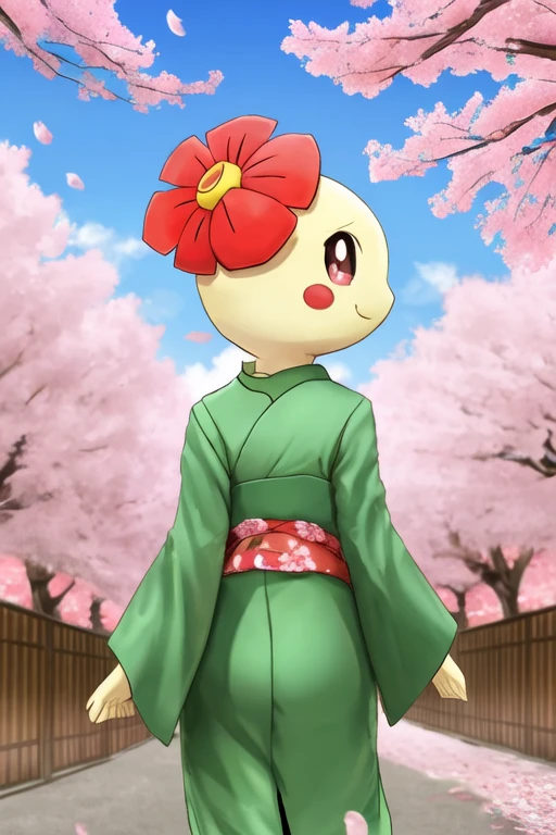 a smiling bellossom wearing a green kimono, cherry blossoms, looking back at viewer
in a cherry blossom orchard in Japan
by pokémon, by pokemon
<lora:bellossom:0.5>