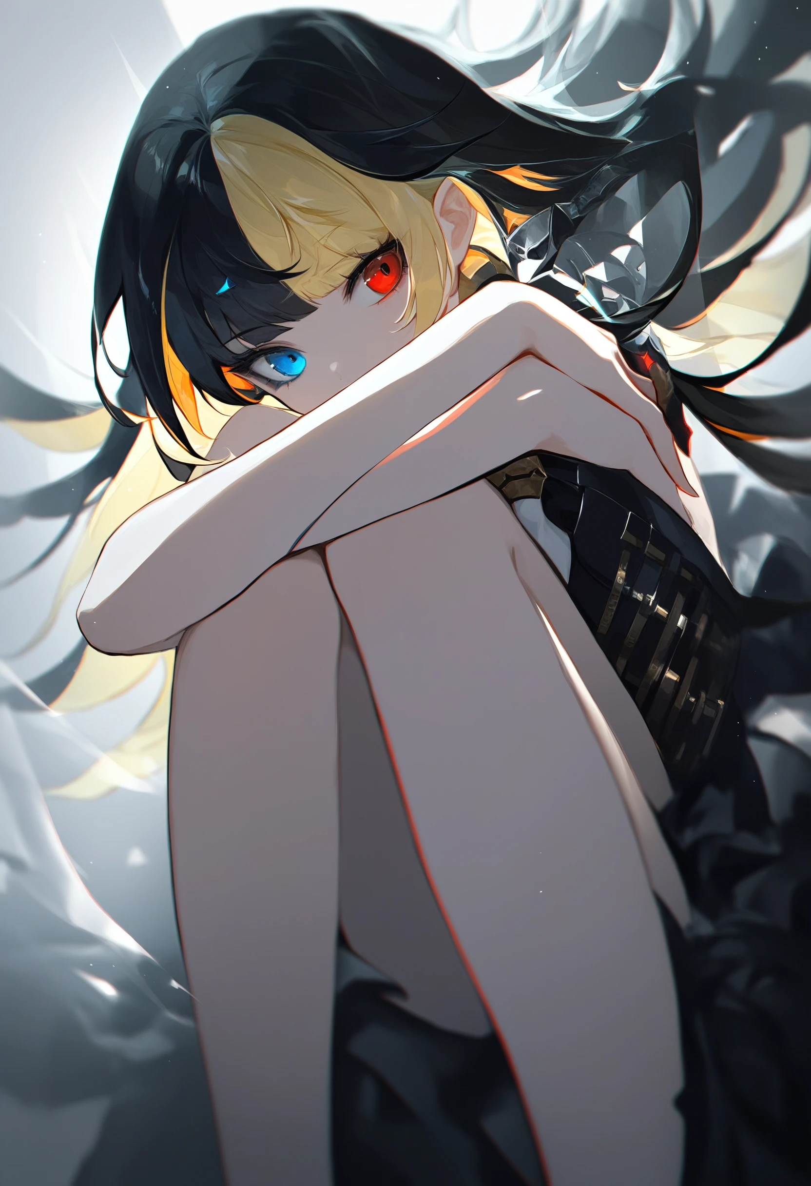 split theme, black theme, white theme, 1girl, solo, dark, black hair, blonde hair, multicolored hair, heterochromia, upper body, knees up, high contrast, dual persona, red vs white, light beam,
score_9, score_8_up, score_7_up, score_6_up, source_anime, absurdres, masterpiece, best quality, very aesthetic
<lora:pony_color_theory_dora_v1:0.9>