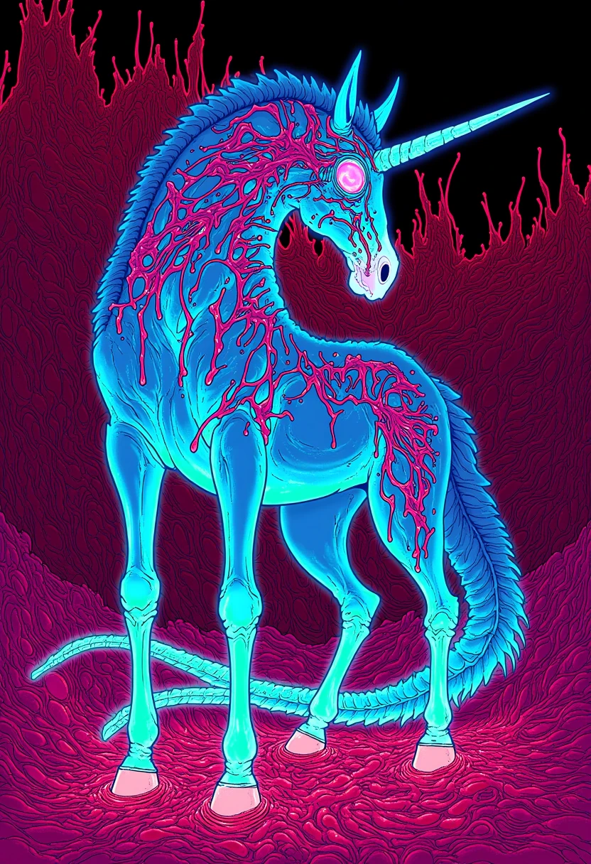 A cybergore scene featuring a psycho unicorn with bioluminescent body, complete corruption