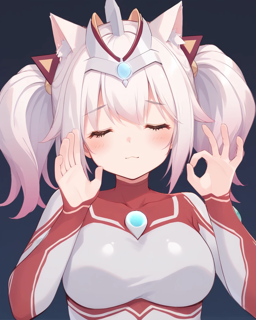 <lora:JunNeko-000009 (1):1>,junneko,twintails,white hair,cat tail,cat ears,headgear,chest jewel,gradient hair,pink hair,
blue jewel,body markings,body markings,white bodysuit,
1girl,solo,
pachameme,hands up,ok sign,closed eyes,<lora:PachaMeme_pdxl_Incrs_v1:1>,, score_9,score_8_up,score_7_up,source_anime,best quality,masterpiece,uncensored,detailed eyes,<lora:add-detail-xl:0.7>