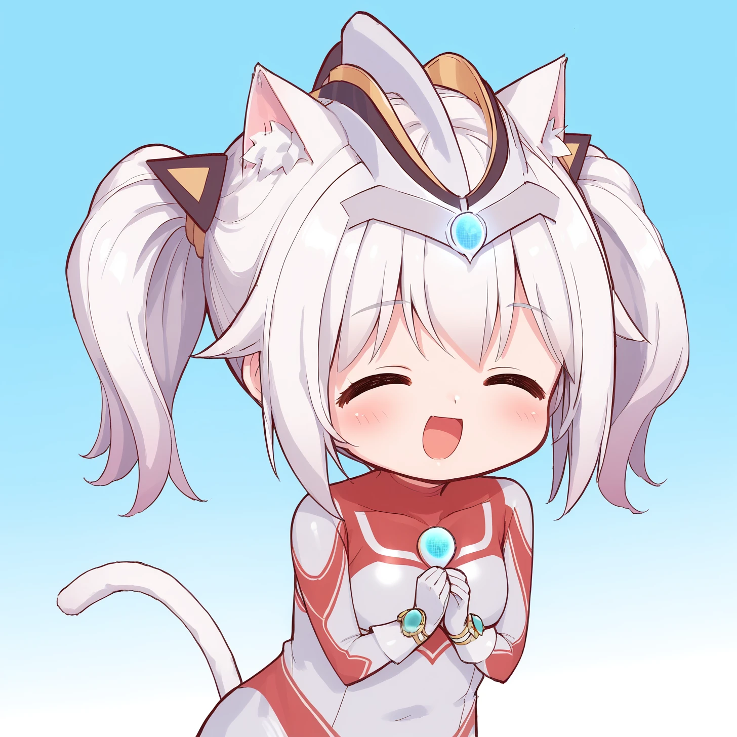 <lora:JunNeko-000009 (1):1>,junneko,twintails,white hair,cat tail,cat ears,headgear,chest jewel,
blue jewel,body markings,white bodysuit,high heels,
1girl,solo,
<lora:LovelySmilePony1.0:1>,own hands together,smile,open mouth,blush,simple background,closed eyes,, score_9,score_8_up,score_7_up,source_anime,best quality,masterpiece,uncensored,detailed eyes,<lora:add-detail-xl:0.7>