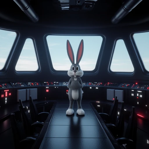 imagine bugs bunny standing alone at the windows on the main bridge of a star destroyer