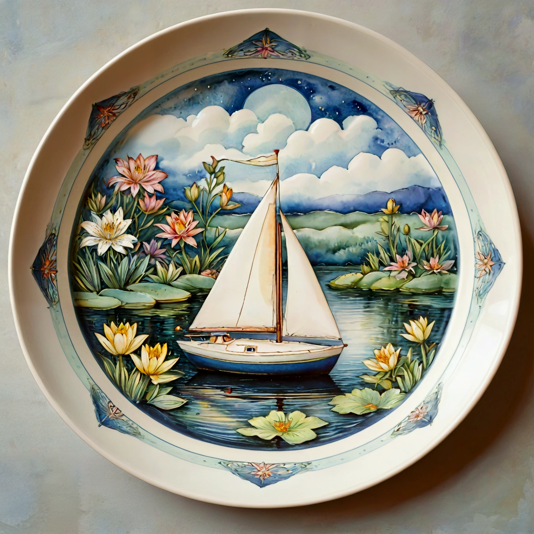 A small sailboat on a lake.

Watery lily border. Ceramic.

<lora:FantasyCeramic02-00_CE_SDXL_128OT:0.8> fntsycrmcCE