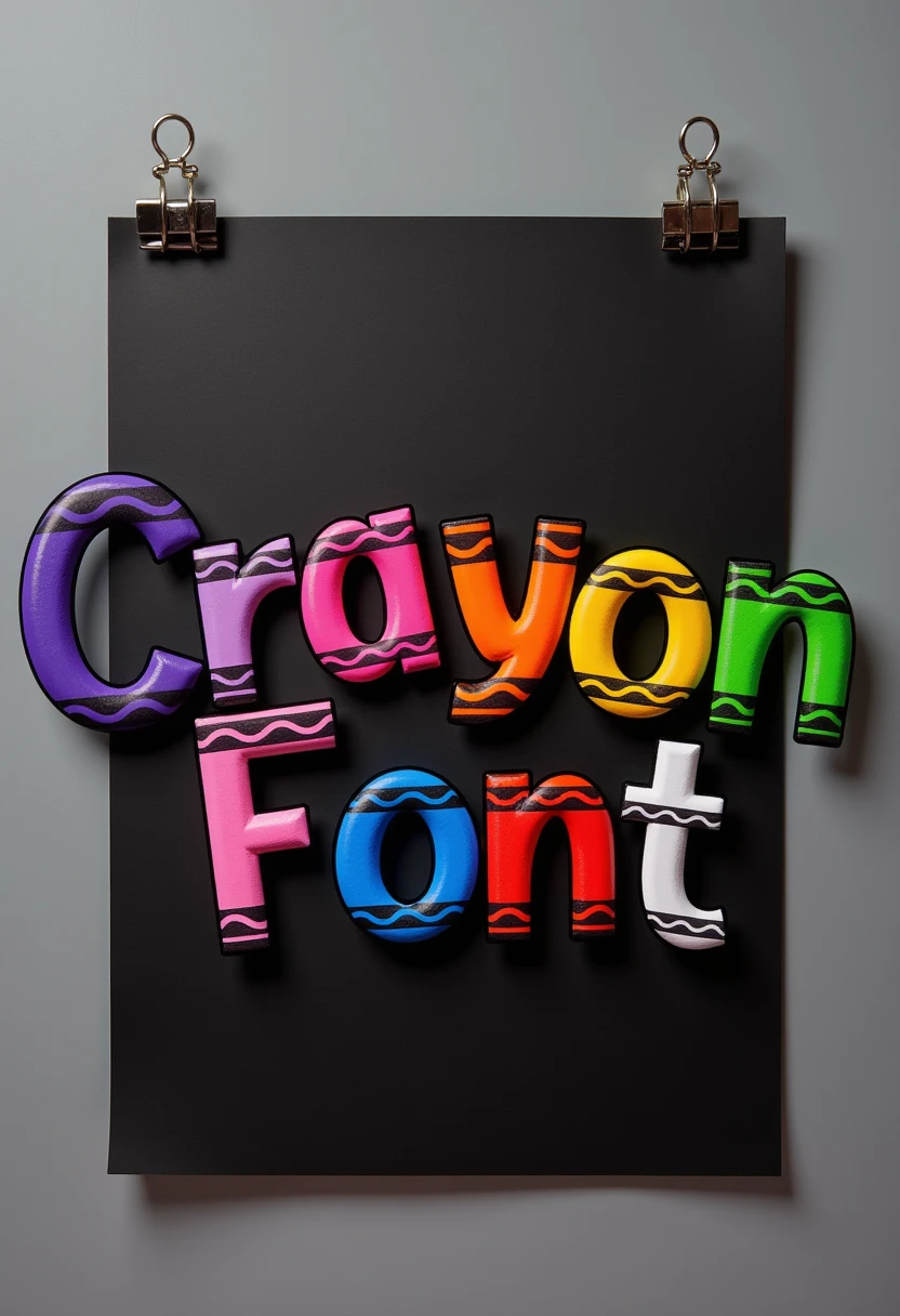 hud_cr4yontxt, multicolored 2d crayons shaped to make the words "Crayon Font" on black paper