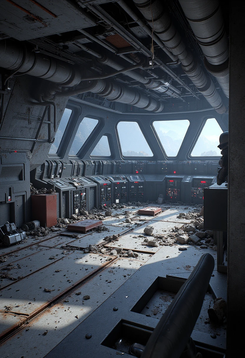 "Create a photorealistic scene depicting the ruined main bridge of a Star Destroyer, now abandoned and decaying over time. The once pristine and imposing command center is now a shadow of its former glory, with debris scattered across the metallic floor. Broken control panels, shattered screens, and twisted pieces of metal lie in disarray, evidence of past battles or years of neglect. The large, triangular windows at the back are cracked, some shattered, allowing the harsh light of distant stars to filter through the dust-filled air.

Corrosion has taken hold of the bridge, with rust eating away at the metallic surfaces, turning once-shiny silver and black metals into a mottled mix of browns, oranges, and reds. The ceiling panels have collapsed in some areas, exposing the skeletal framework beneath, while wires and cables dangle haphazardly, sparking occasionally with faint electrical surges.

The atmosphere is one of desolation and abandonment, with an eerie silence broken only by the occasional creak of metal or the distant hum of a failing power source. The air is thick with dust, illuminated by narrow beams of light piercing through the wreckage. The remnants of the bridge serve as a haunting reminder of the might of the Empire, now reduced to ruins slowly being reclaimed by time."