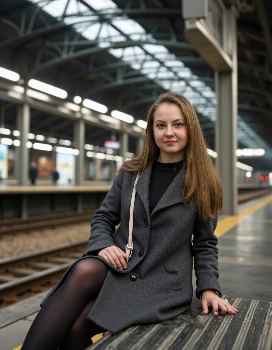 woman, bellakflux,Sitting on a bench at a train station wearing a grey wool coat, <lora:bellakflux:1>