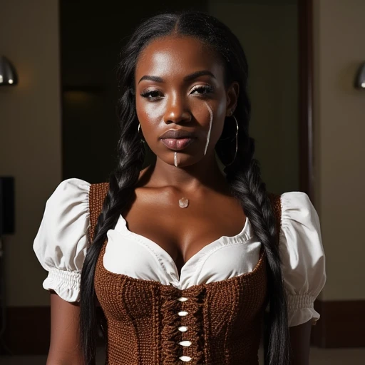 A beautiful black  girl with her hair in braided pigtail and with very large breasts, and wearing a dirndl, and with cum on her face