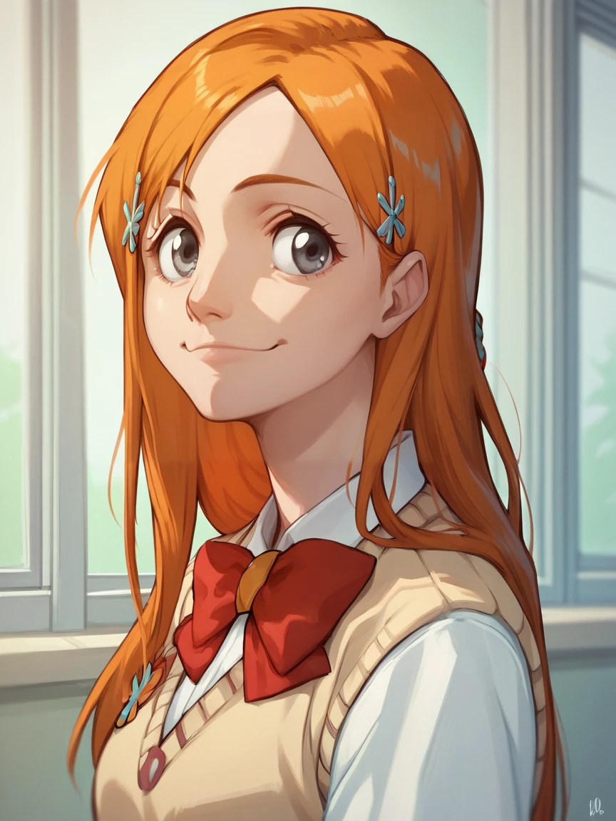 score_9, score_8_up, score_7_up, score_6_up, score_5_up,    <lora:orihimeXLP:1> orihime, 1girl, long hair, solo, orange hair, hair ornament, school uniform, grey eyes, smile