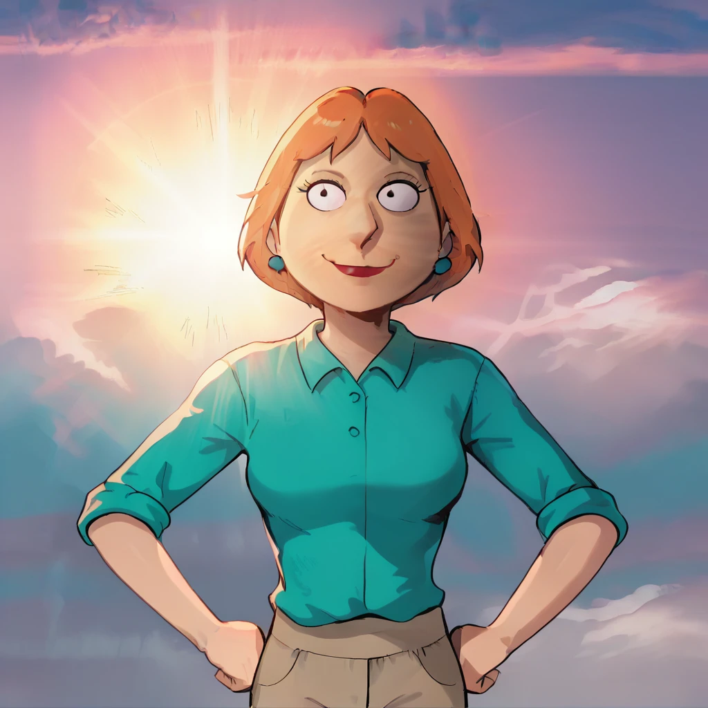 score_8_up, BREAK, lois, dot pupils, 1girl, blue earrings, jewelry, short hair, solo, lipstick, orange hair, aqua shirt, beige pants, breasts, sleeves rolled up, <lora:LoisGriffinPon2.0:0.8>,  SuperSmile, smile, closed mouth,  sunrise,  sky,  cloud,  sunset, sunlight,  light rays, outdoors,,  <lora:SupermanSmile_PXL_Leaf2:1>, looking at viewer,