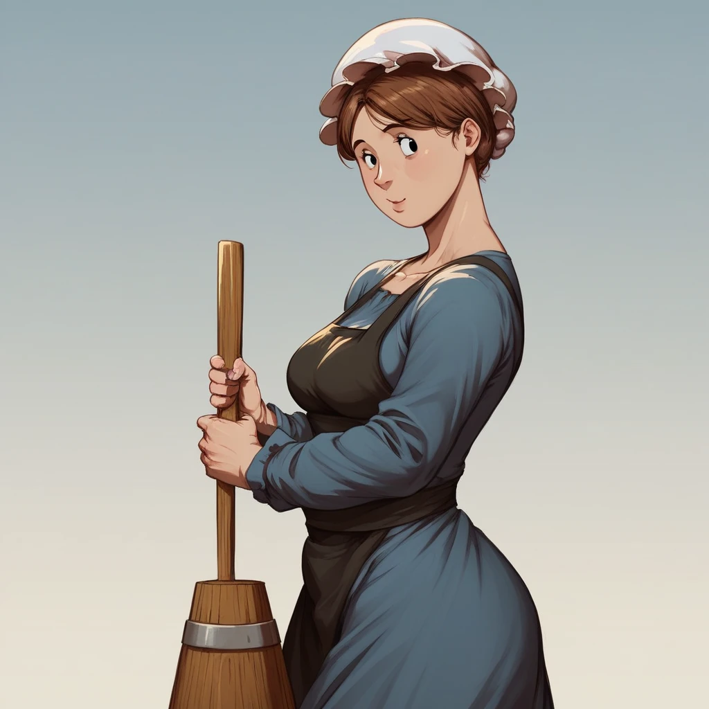 score_9_up, score_8_up, BREAK, 1girl, solo, AmishWife, short hair, brown hair, black eyes, mob cap, dress, apron, blue dress, mature female, cowboy shot,  <lora:AmishWife_jlullaby_PXL_Leaf2:0.8>, outdoors, gradient background,