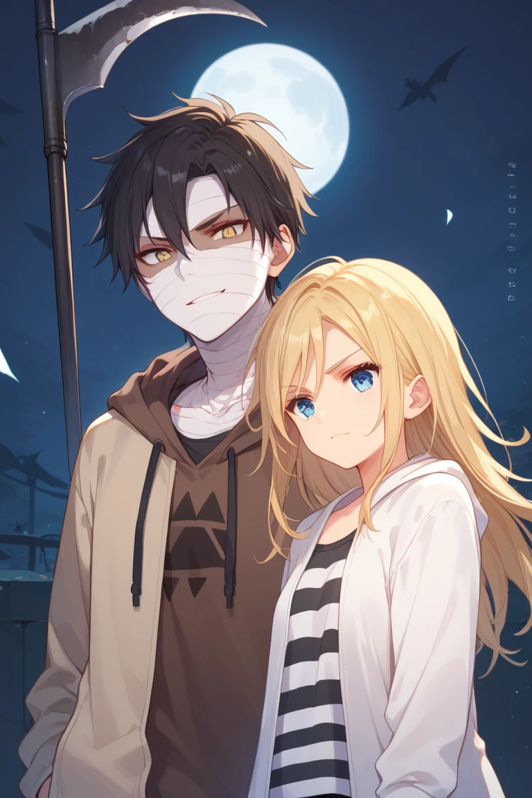 score_9, score_8_up:1.1), score_7_up, rachel gardner, 1girl, blue eyes, serious, petite, flat chest, white jacket, striped shirt BREAK
zack foster, 1boy, yellow eyes, black eyes, bandages, brown hoodie, smirk, holding scythe BREAK
rooftop, full moon, moonlight