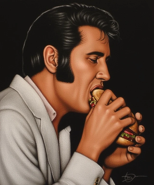 velvis portrait simple painting of Elvis Presley eating a hamburger, profile. Rim lighting. You can see the texture of the velvet and the brush strokes of the paint.