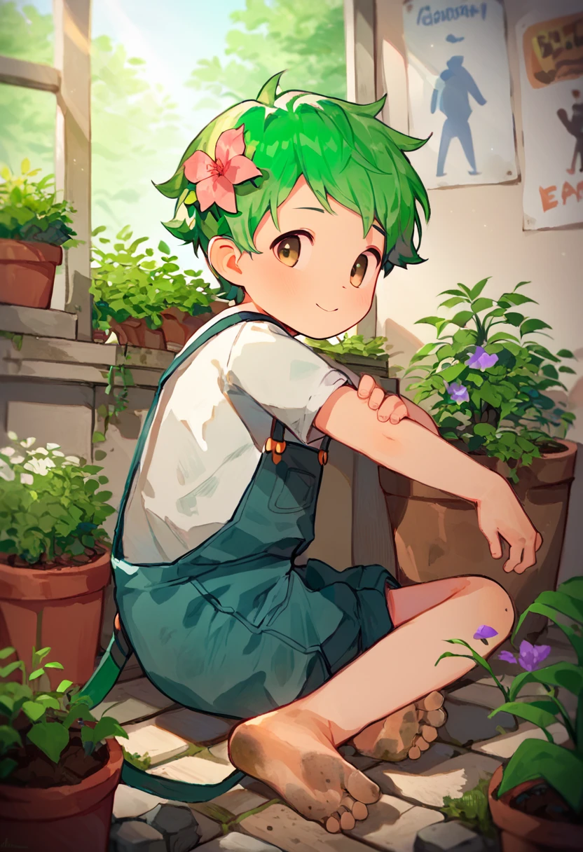 (score_9, score_8_up,  score_8, score_7, score_7_up,score_6_up), masterpiece, best quality, amazing quality, very aesthetic, high res, absurdres, 4k,
1boy, male, green hair, solo, uncensored, indoor, overalls, cute, poster, light smile, garden, gardening, potted plant, flowers, sunlight, hair flower, hands in dirt, looking at viewer, blush, on floor crossed legs, dirty feet, foreshortening, perspective, action, [[from side]], 
(by nemui \(nemuriyagi\)), <lora:thebrushking:0.9>