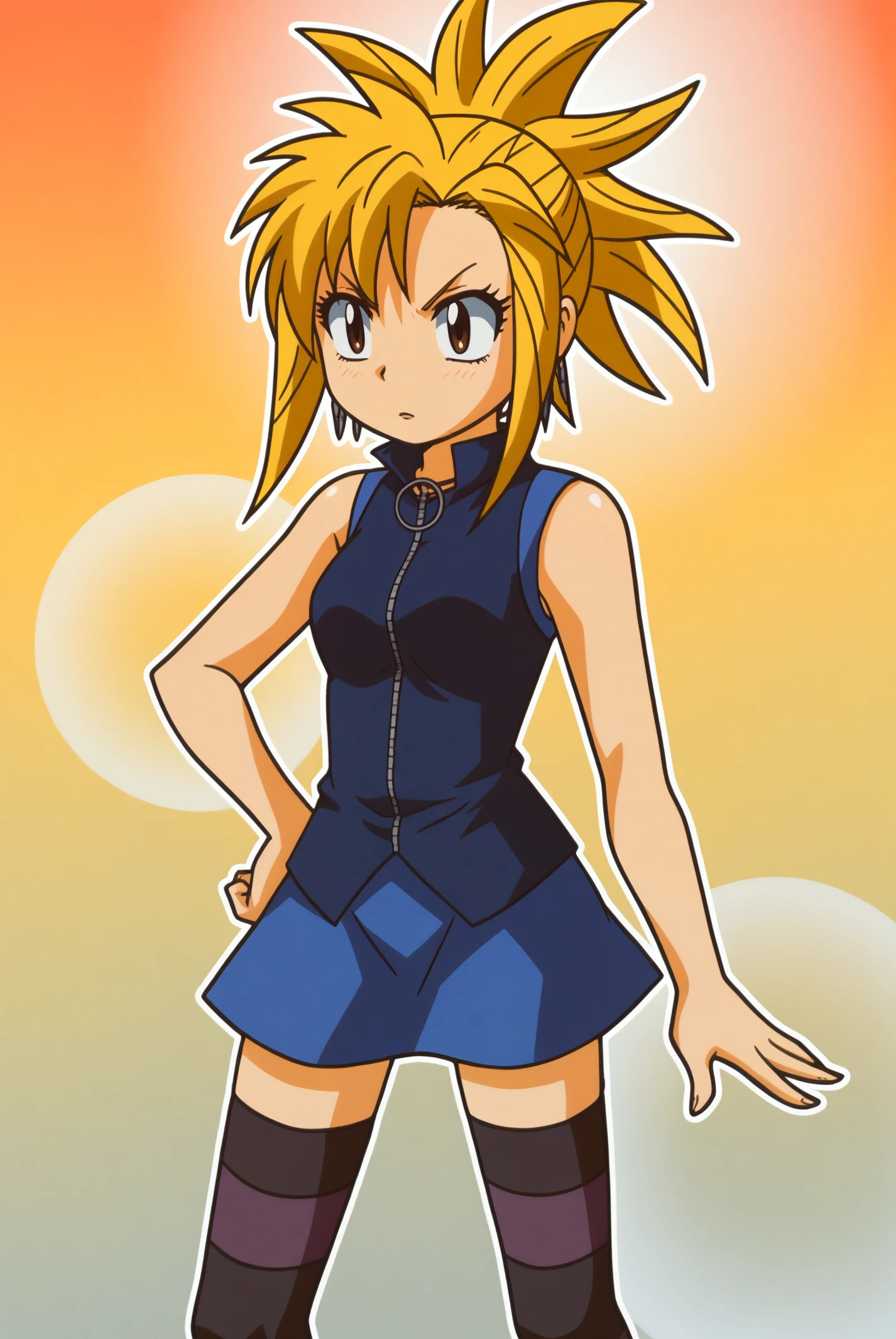 mio tsukushi, spiked hair, sleeveless dress, striped thighhighs <lora:commission-Zettai_Karen_Children-Mio_Tsukushi-PDXLv2:0.8>