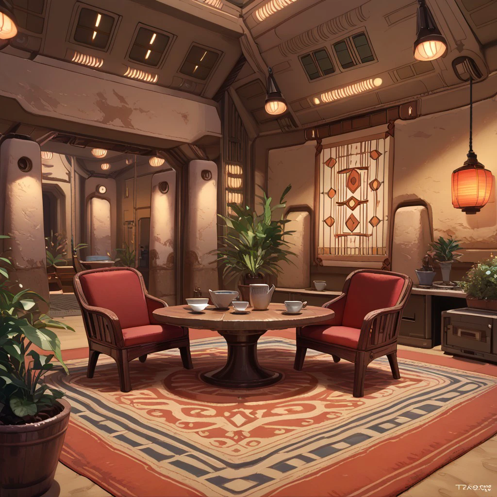 score_9, score_8_up, score_7_up, tatooine, homestead, star wars, table, lamp, plant, chair, cup, indoors, carpet, rug