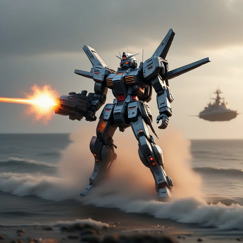 (Masterpiece: 1.4), (Best quality: 1.4), Natural(Big:1.25), ultra metallic Gundam RX-78-2 firing against a flying ship cinematic volumetric lighting, wide shot with Sony Fx6