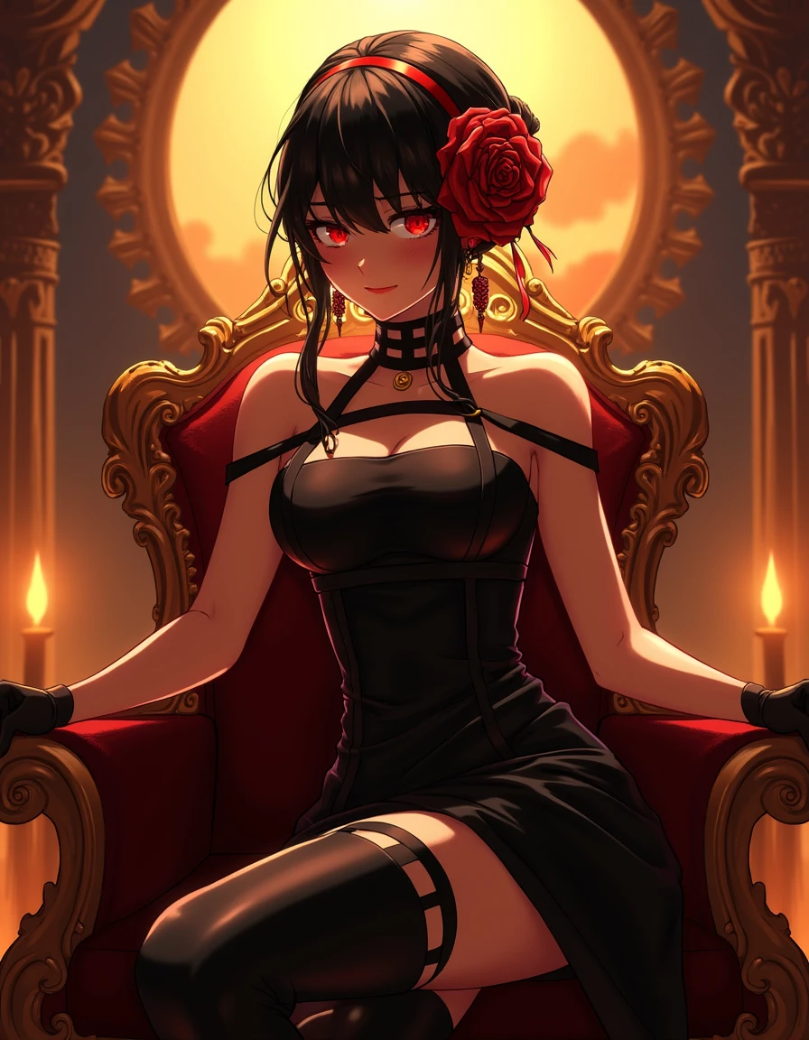 full body of yorforger in illustration style, she has dark hair styled in an elegant updo, adorned with a large, intricate rose hairpiece,

her eyes are glowing red, she wears a black, strapless dress and have long sexy legs. She is sitting on a throne and looking dominant.
she's wearing mitten at her hand.

the composition is very cinematic and the background has golden hour sunray,