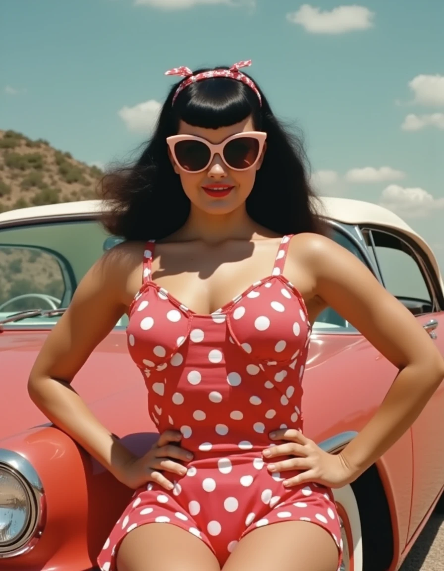 Bettie Page in a playful outfit, dressed in a classic polka dot sundress, retro cat-eye sunglasses, bright red lipstick, posing by a 1950s convertible, summer day setting, inspired by vintage road trip aesthetics, fun and fashionable.