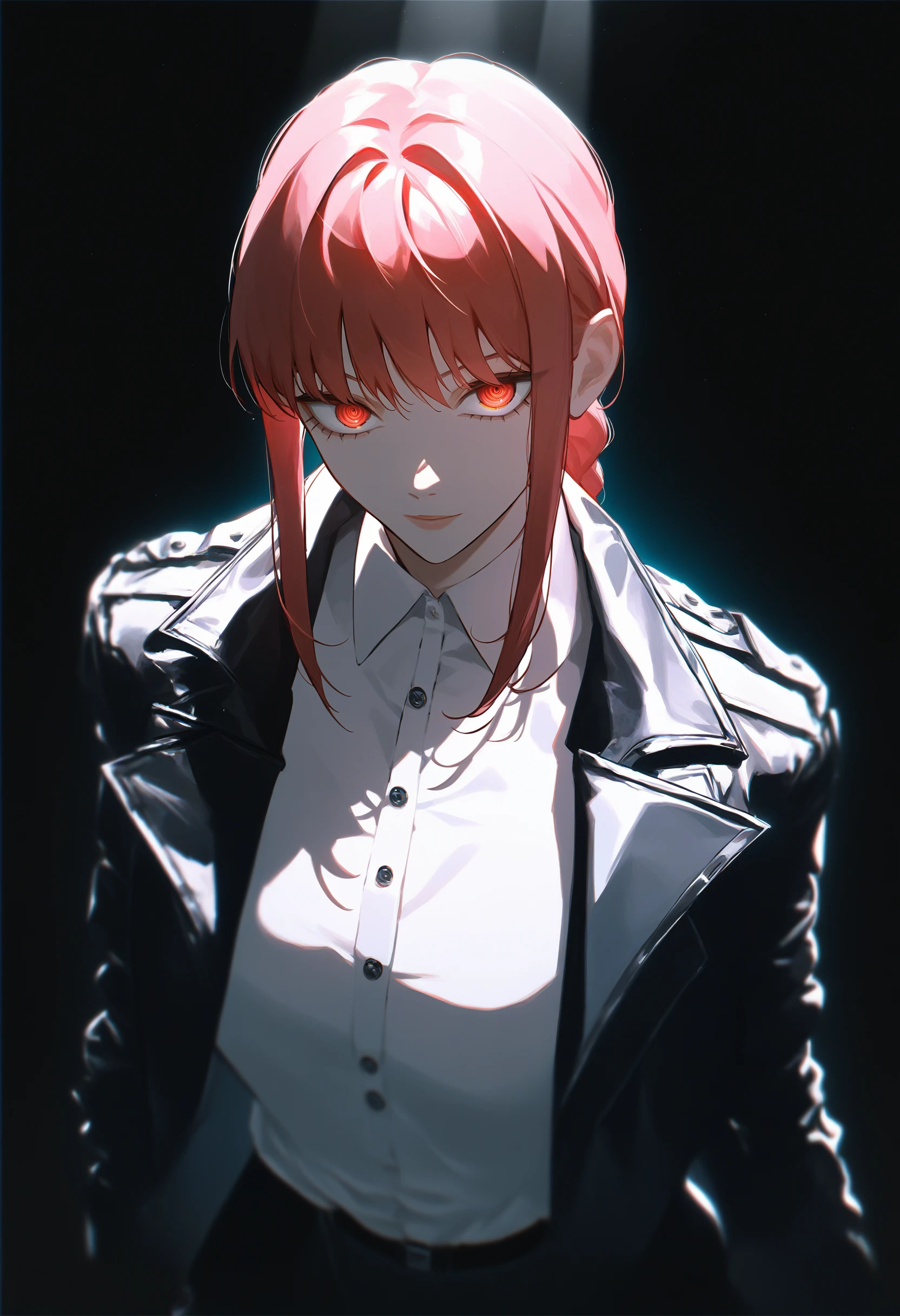 dark, light beam, black theme, spot color, red eyes, looking at viewer, makima \(chainsaw man\), jacket, black background, single vertical stripe, from above, high contrast,
score_9, score_8_up, score_7_up, score_6_up, source_anime, absurdres, masterpiece, best quality, very aesthetic
<lora:pony_color_theory_dora_v1:1.1>