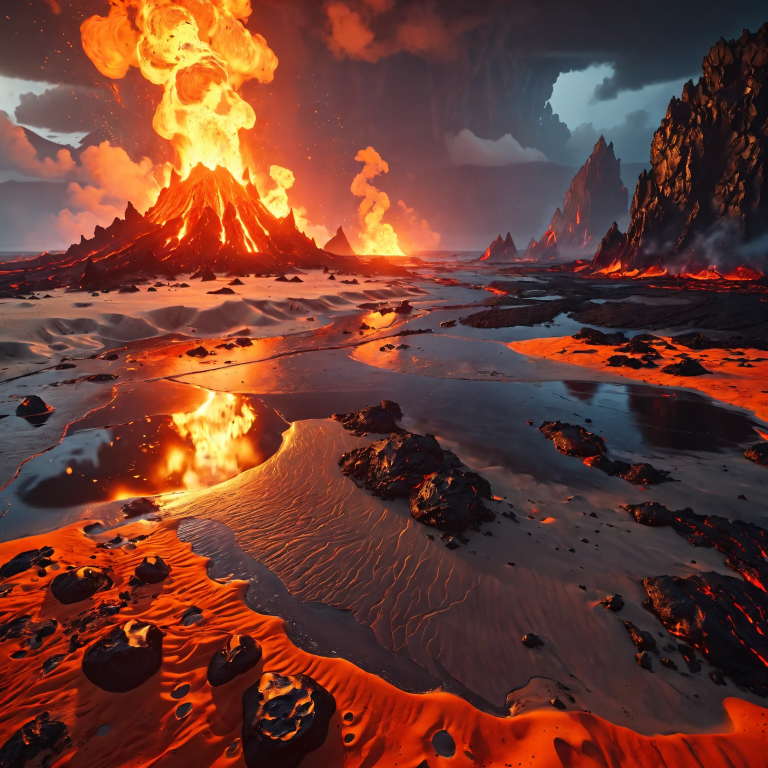 Role-playing game (RPG) style fantasy sand, desolate landscape, lava ocean, <lora:fireSDXL:1>, elementalplanefire, best quality, masterpiece, 4k, uncensored, prefect lighting, rating_explicit, very aesthetic, detailed, <lora:add_details_xl:0.6>, very detailed, <lora:SDXLHighDetail_v5:0.6> . Detailed, vibrant, immersive, reminiscent of high fantasy RPG games