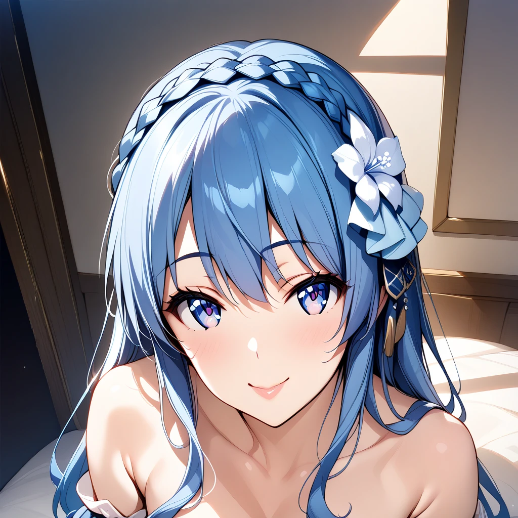 juna_doma, 1girl, blue hair, blue eyes, seductive smile, solo, crown braid, braid, long hair, looking at viewer, hair ornament, portrait, hair flower, flower, closed mouth, bare shoulders, ;)  <lora:XL-JunaDoma:1>, (masterpiece),(best quality),(ultra-detailed),(best illustration),(best shadow),(absurdres),(detailed background),(very aesthetic),