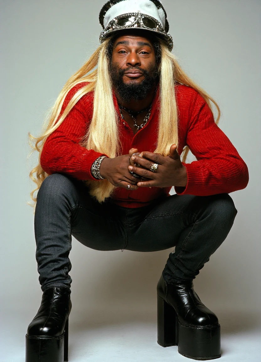 This image is a color photograph featuring a close-up of George Clinton, with a dramatic expression and elaborate costume. The man has a deep, rich skin tone and is wearing a red ribbed sweater, comically extremely tall black platform shoes, a long straight blonde wig, skinny jeans and captain's marching band hat with silver sequins. He is squatting and looking down at the viewer from below.