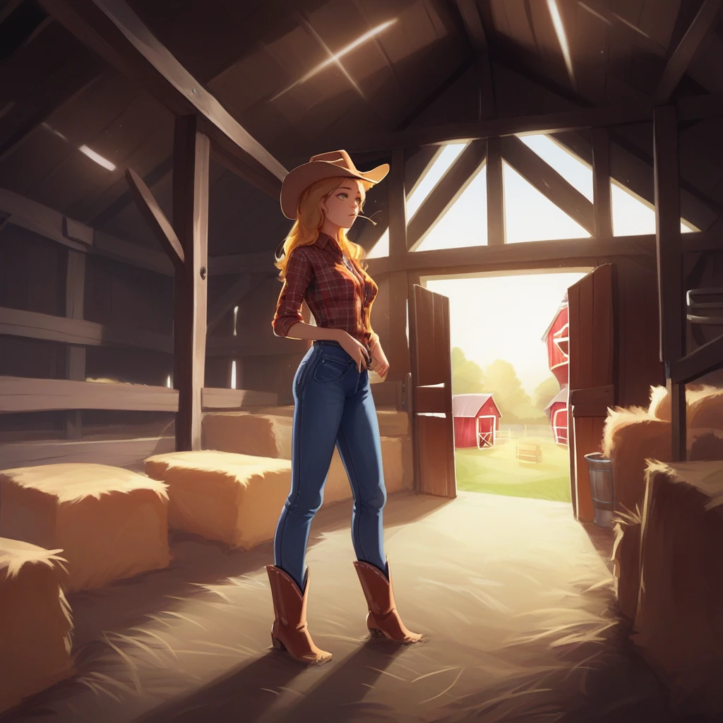 score_9, score_8_up, score_7_up, score_6_up, score_5_up, score_4_up, zPDXL2,source_anime,rating_questionable,1girl, farm girl, denim, plaid shirt, cowboy hat<lora:Barn:0.8> b4rn, barn, interior, indoors, straw