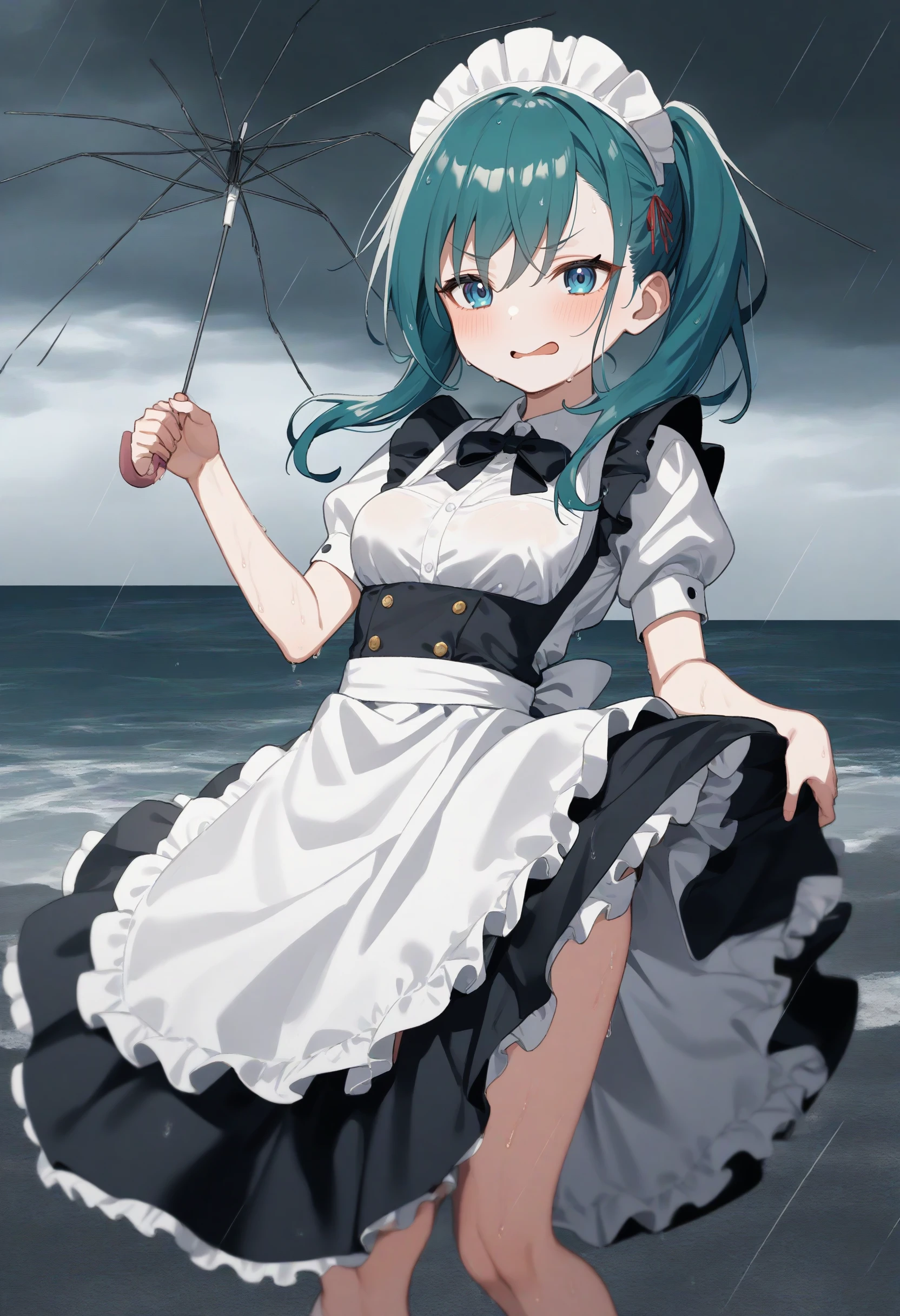 1girl,sincos, ningen mame, toosaka asagi,solo,medium breasts,20yo,maid,maid headdress,
cloudy sky ,floating hair ,leaning to the side,typhoon, storm ,raincoat,broken umbrella,umbrella,holding umbrella,rain,outdoors,wet,wind,wind lift, leaning forward, <lora:brokenumbrella_XL_v1:0.8>
ceiling, fisheye lens, looking to the side, aqua hair, gray eyes,seductive grin smug, plains, open mouth, front ponytail hair,,
best quality, very aesthetic, absurdres