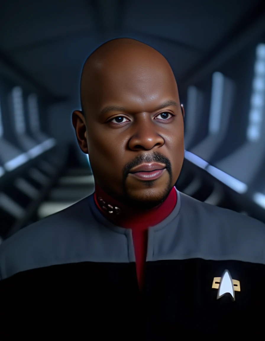 still cinematic photo breathtaking <lora:sisko-flux:1.7> captain, benjamin, sisko, star, trek, man, red, uniform, deep, space, nine,  man 4K resolution,black DS9 uniform with gray shoulders and red collar, confident gaze, futuristic background, space-themed imagery