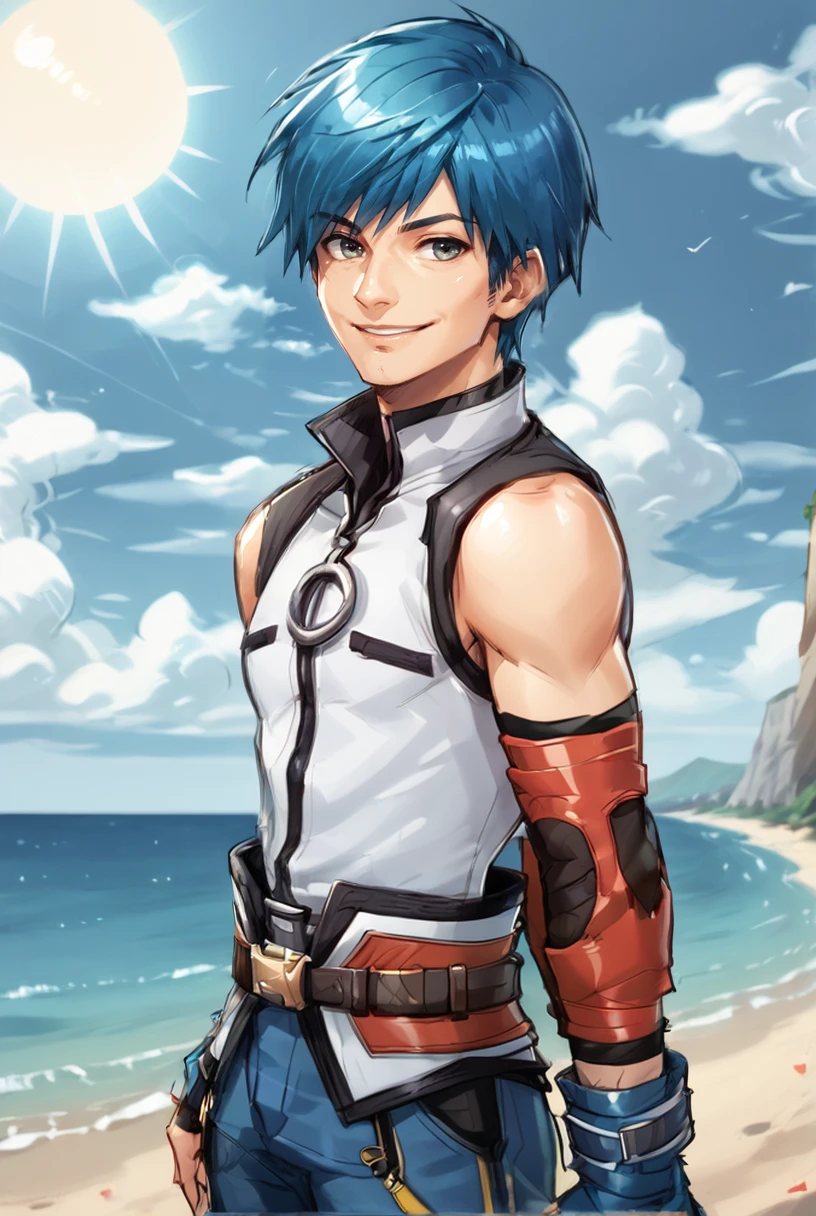 score_9, score_8_up, score_8,   <lora:Fayt_Liengod_Star_Ocean_for_PonyXl:0.8> 1boy, f4yt, blue hair, male focus, solo, fingerless gloves, belt, sleeveless, pants, gloves
outdoors, beach, side view, sun, clouds, smile, scenery