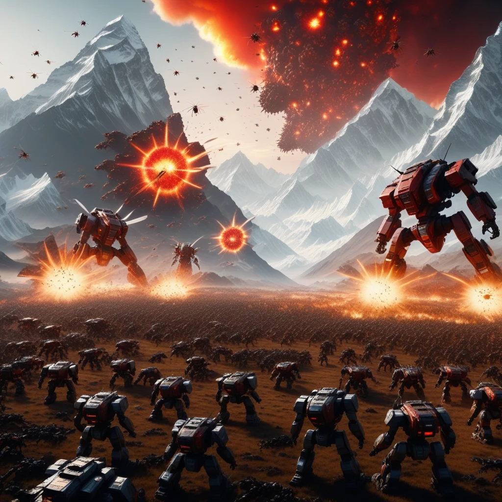 an extreme wide shot of a battlefield between an army of insect like humanoids against an army of mechwarriors, BREAK, there are mountains on the background as high as Mount Everest, a frozen valley, two red suns in the sky, fire and explosions abound, cinematic volumetric lighting, shot with Sony Fx6