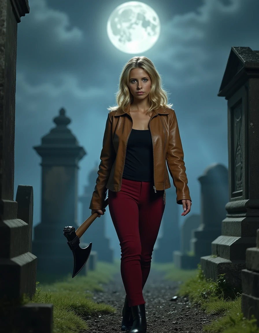 <lora:Buffy_Summers_Flux:1> Realistic photo of 1girl, buffybtvs, blonde hair, skinny, tan leather jacket, red pants, black undershirt. alert expression, holding a medieval hand axe as a weapon. Walking through a graveyard at night. Full moon. moonbeams, Mausoleums, tombstones, graves. mist rising across the graveyard. haunted atmosphere, fear, horror.   closeup shot