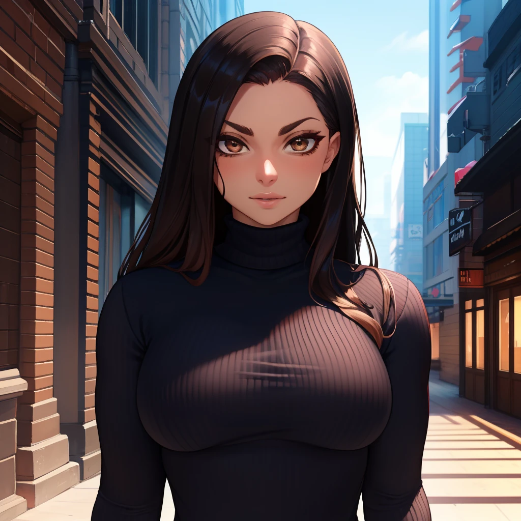 Best_QualityPos, RAW photo, intricate details, best quality, 8k uhd, soft lighting, 1girl, solo, bergifoth, long hair, black hair, brown eyes, black turtleneck sweater, long sleeves, toned  <lora:bergifoth:0.6>